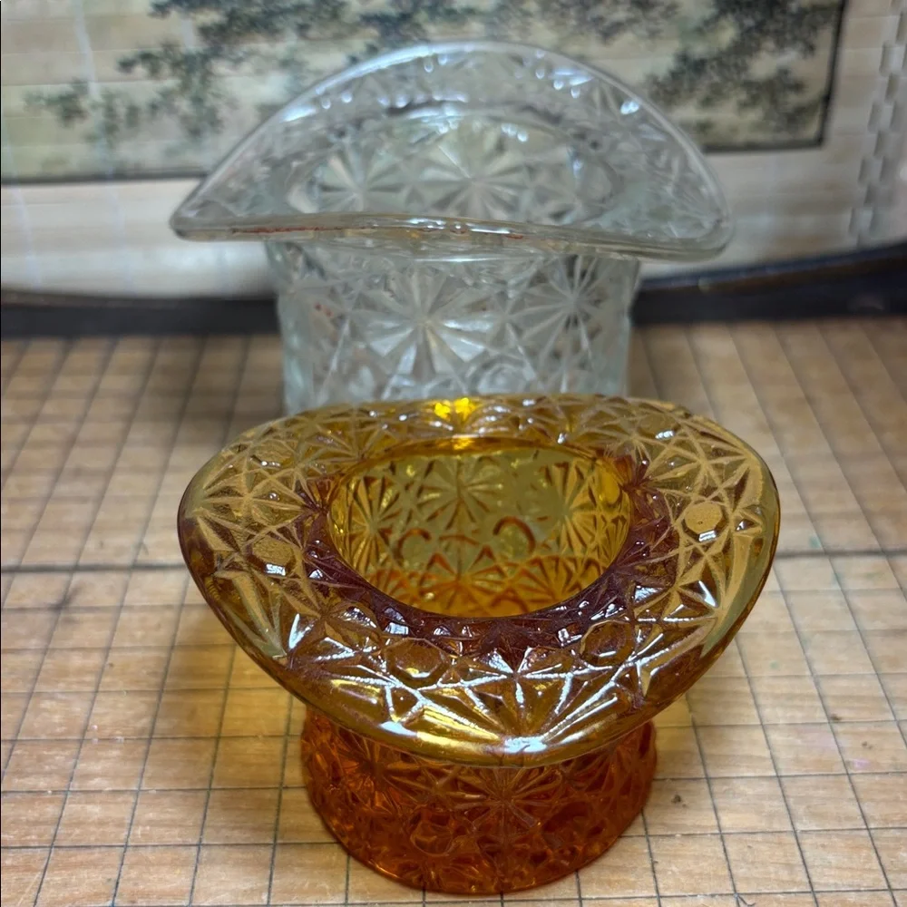 Large Clear and Small Topaz Fenton Hat Daisy Button Glass Vases